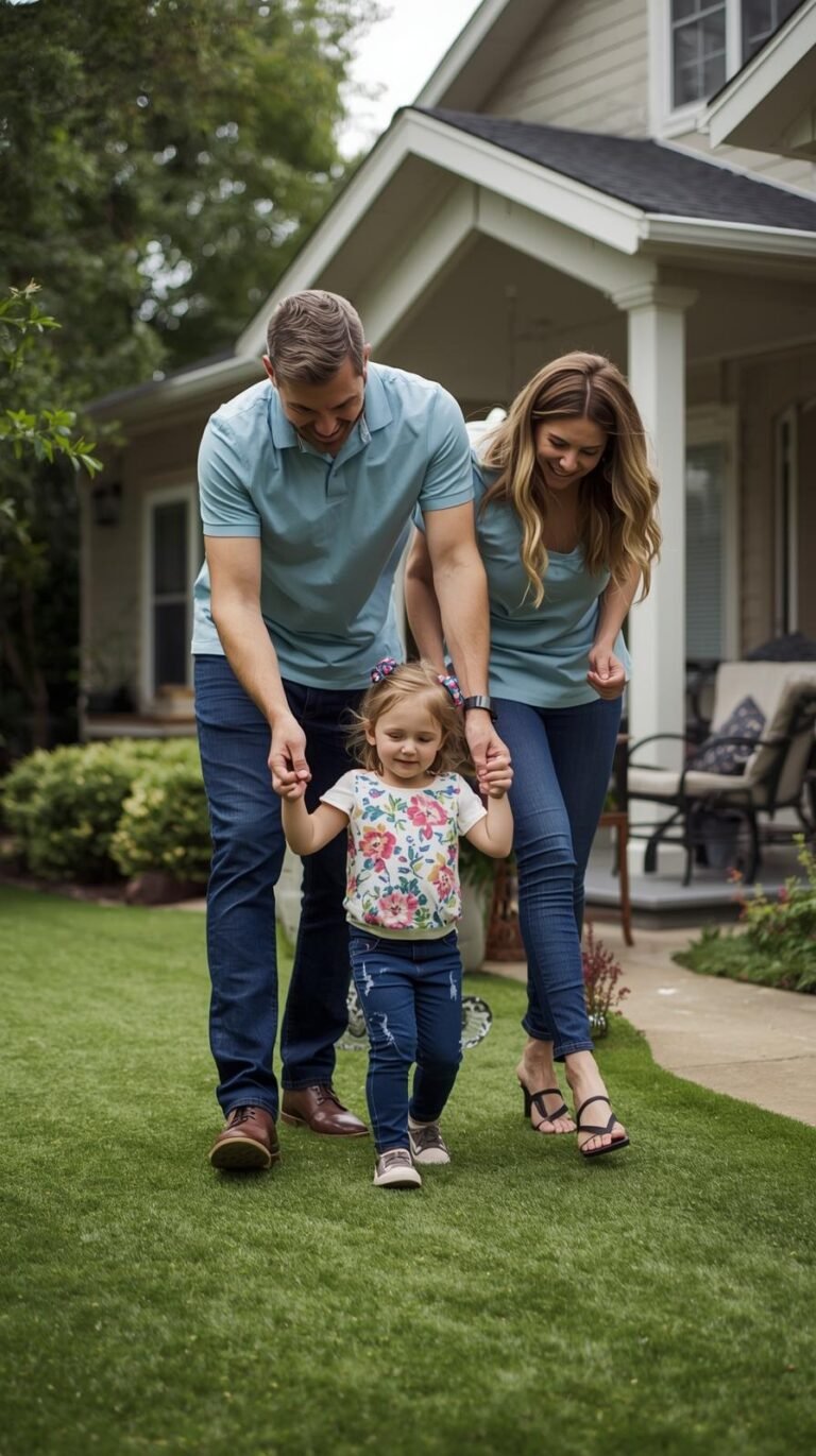 A Durafield team member or family enjoying their synthetic lawn — natural and friendly, not stocky.