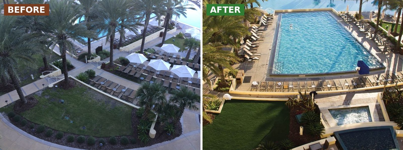 Omni Amelia Island before and after: pool area seen from above Before and after synthetic turf installation at Omni Amelia Island Resort: pool area seen from above